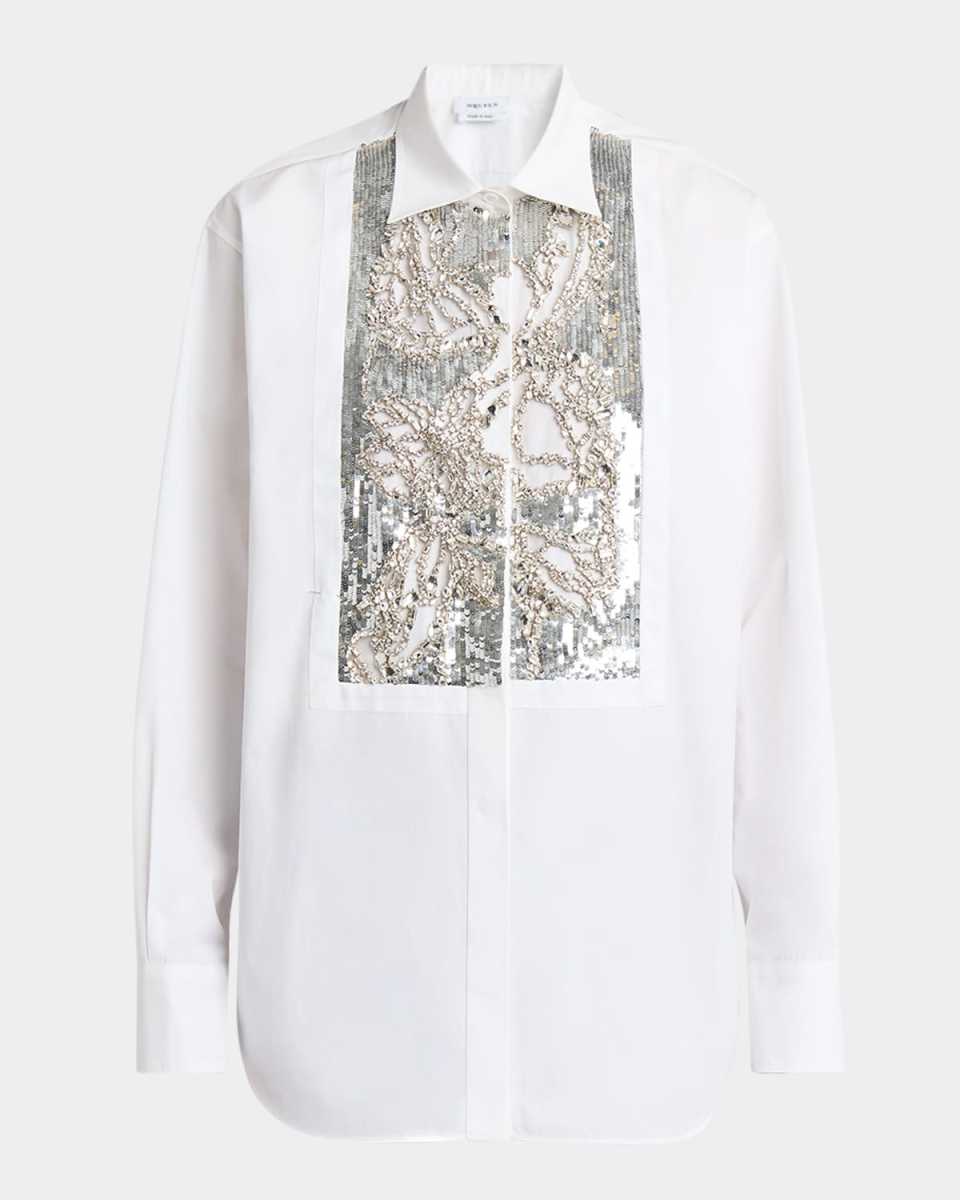 Crystal Sequined Bib Button-Down Blouse